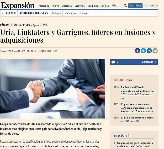 Ura, Linklaters y Garrigues, lderes en fusiones y adquisiciones